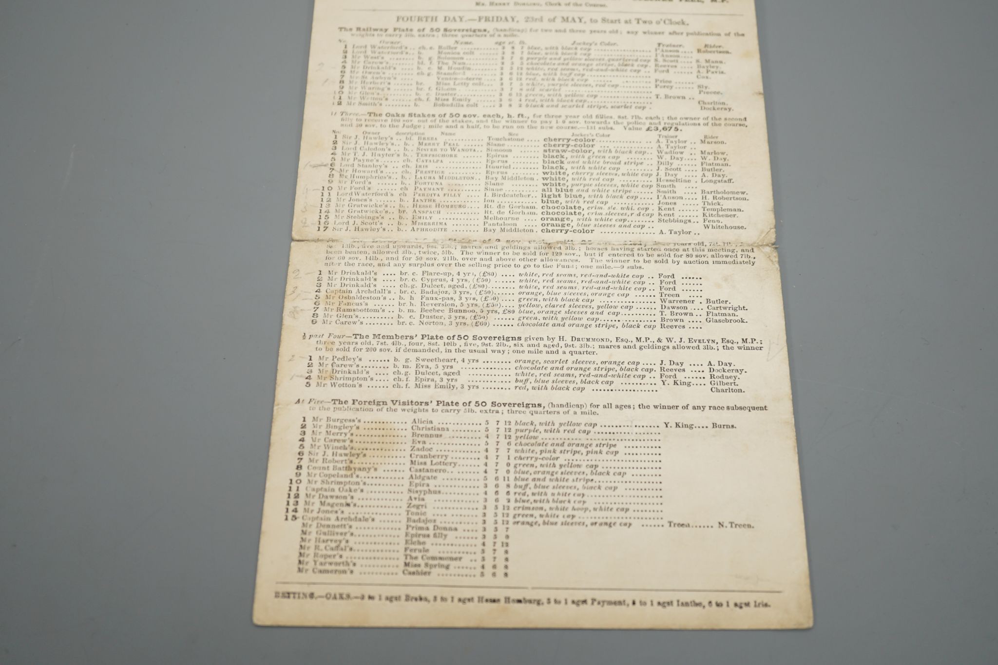 Dorling’s list of Epsom Races, 1851, Race card dated Friday 23rd May 1851